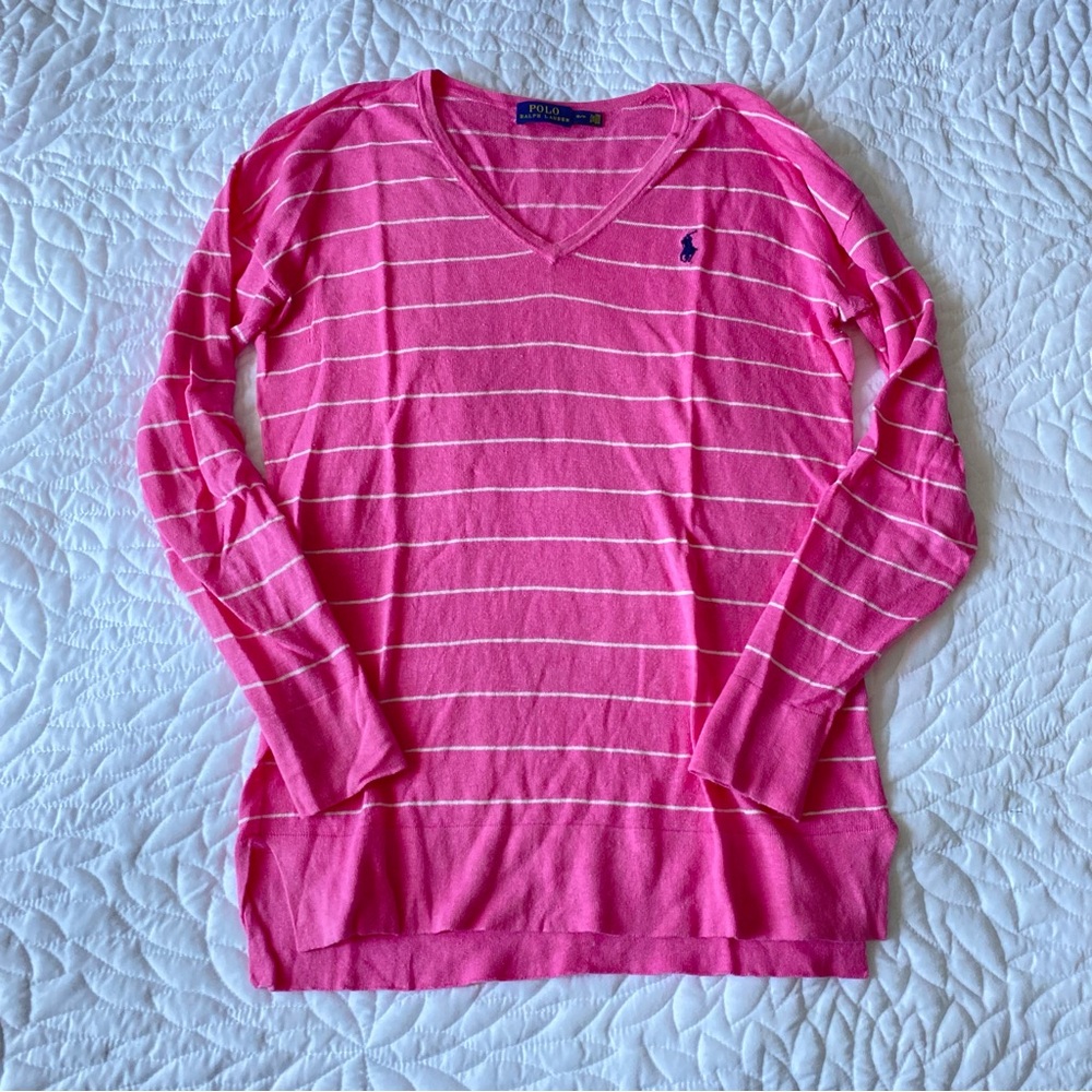 Polo Ralph Lauren Pink Striped V-Neck Sweater | Preppy Coastal - Picture 6 of 6